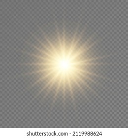 The star burst with brilliance, glow bright star, yellow glowing light burst on a transparent background, yellow sun rays, golden light effect, flare of sunshine with rays, vector illustration, eps 10