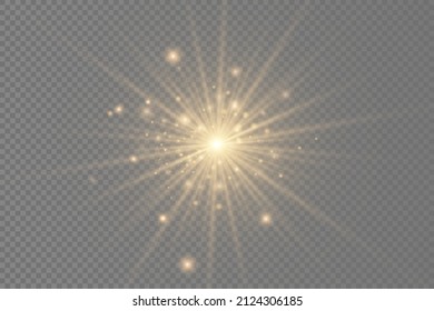 The star burst with brilliance, glow bright star, yellow glowing light burst on a transparent background, yellow sun rays, golden light effect, flare of sunshine with rays, vector illustration, eps 10