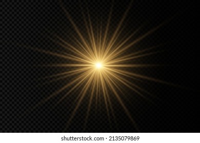 The star burst with brilliance, glow bright star, yellow glowing light burst on a transparent background, yellow sun rays, golden light effect, flare of sunshine with rays, vector illustration, eps 10