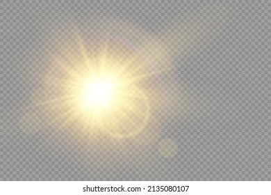 The star burst with brilliance, glow bright star, yellow glowing light burst on a transparent background, yellow sun rays, golden light effect, flare of sunshine with rays, vector illustration, eps 10