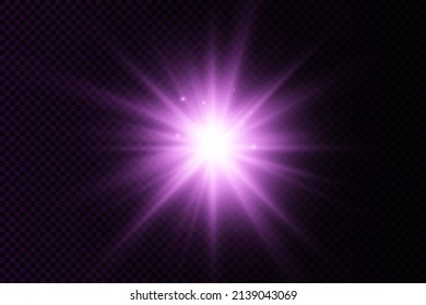 The star burst with brilliance, glow bright star, purple glowing light burst on a transparent background, violet sun rays, golden light effect, flare of sunshine with rays, vector illustration, eps 10