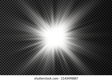 The star burst with brilliance, glow bright star, white glowing light burst on a transparent background, sun rays, golden light effect, flare of sunshine with rays, vector illustration, eps 10