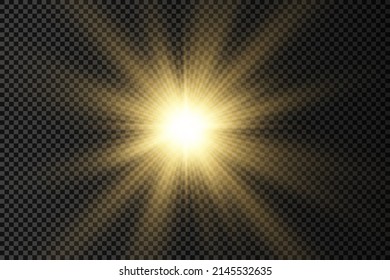 The star burst with brilliance, glow bright star, yellow sun rays, golden light effect, flare of sunshine with rays, yellow glowing light burst on a transparent background, vector illustration, eps 10