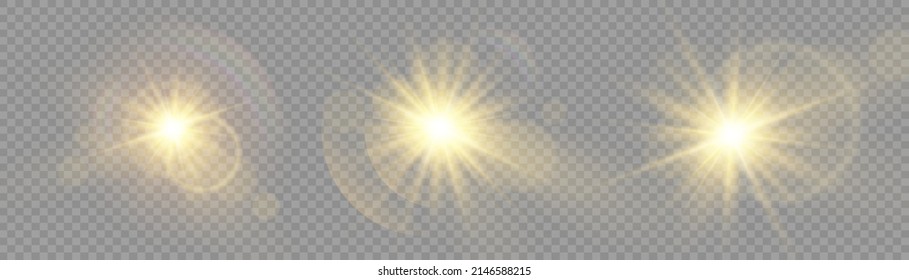 The star burst with brilliance, glow bright star, yellow sun rays, golden light effect, flare of sunshine with rays, yellow glowing light burst on a transparent background, vector illustration, eps 10