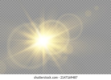 The star burst with brilliance, glow bright star, yellow sun rays, golden light effect, flare of sunshine with rays, yellow glowing light burst on a transparent background, vector illustration, eps 10