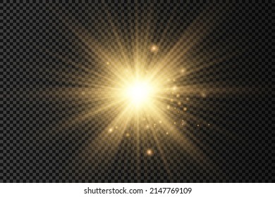 The star burst with brilliance, glow bright star, yellow sun rays, golden light effect, flare of sunshine with rays, yellow glowing light burst on a transparent background, vector illustration, eps 10