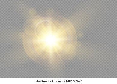 The star burst with brilliance, glow bright star, yellow sun rays, golden light effect, flare of sunshine with rays, yellow glowing light burst on a transparent background, vector illustration, eps 10