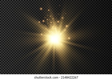 The star burst with brilliance, glow bright star, yellow sun rays, golden light effect, flare of sunshine with rays, yellow glowing light burst on a transparent background, vector illustration, eps 10