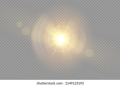 The star burst with brilliance, glow bright star, yellow glowing light burst on a transparent background, yellow sun rays, golden light effect, flare of sunshine with rays, vector illustration, eps 10
