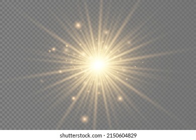 The star burst with brilliance, glow bright star, yellow glowing light burst on a transparent background, yellow sun rays, golden light effect, flare of sunshine with rays, vector illustration, eps 10