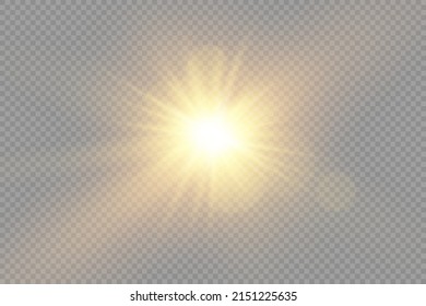 The star burst with brilliance, glow bright star, yellow glowing light burst on a transparent background, yellow sun rays, golden light effect, flare of sunshine with rays, vector illustration, eps 10