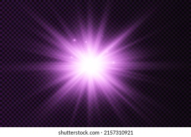 The star burst with brilliance, glow bright star, purple glowing light burst on a transparent background, violet sun rays, golden light effect, flare of sunshine with rays, vector illustration, eps 10