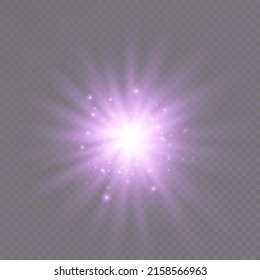The star burst with brilliance, glow bright star, purple glowing light burst on a transparent background, violet sun rays, golden light effect, flare of sunshine with rays, vector illustration, eps 10
