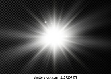 The star burst with brilliance, glow bright star, white glowing light burst on a transparent background, sun rays, golden light effect, flare of sunshine with rays, vector illustration, eps 10