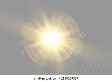 The star burst with brilliance, glow bright star, yellow glowing light burst on a transparent background, yellow sun rays, golden light effect, flare of sunshine with rays, vector illustration, eps 10 - Shutterstock ID 2159209387