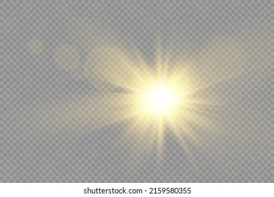 The star burst with brilliance, glow bright star, yellow glowing light burst on a transparent background, yellow sun rays, golden light effect, flare of sunshine with rays, vector illustration, eps 10