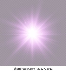 The star burst with brilliance, glow bright star, purple glowing light burst on a transparent background, violet sun rays, golden light effect, flare of sunshine with rays, vector illustration, eps 10