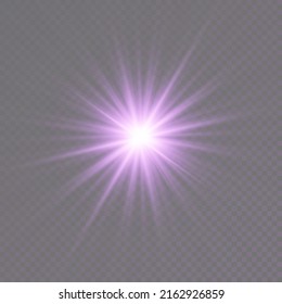 The star burst with brilliance, glow bright star, purple glowing light burst on a transparent background, violet sun rays, golden light effect, flare of sunshine with rays, vector illustration, eps 10