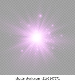 The star burst with brilliance, glow bright star, purple glowing light burst on a transparent background, violet sun rays, golden light effect, flare of sunshine with rays, vector illustration, eps 10