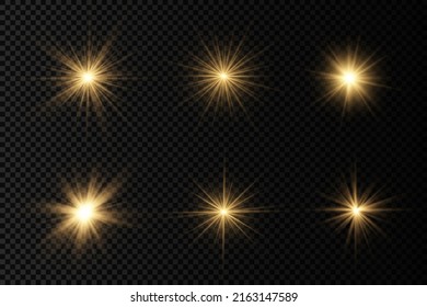 La estrella reventó con brillantez, brillante estrella brillante, ráfaga de luz amarilla brillante sobre un fondo transparente, rayos solares amarillos, efecto de luz dorada, llamarada de sol con rayos, ilustración vectorial, eps 10