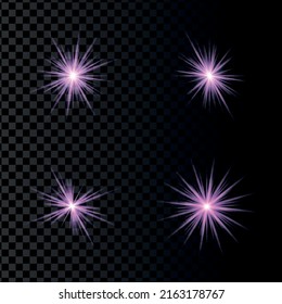 The star burst with brilliance, glow bright star, purple glowing light burst on a transparent background, violet sun rays, golden light effect, flare of sunshine with rays, vector illustration, eps 10