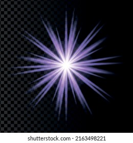 The star burst with brilliance, glow bright star, purple glowing light burst on a transparent background, violet sun rays, golden light effect, flare of sunshine with rays, vector illustration, eps 10