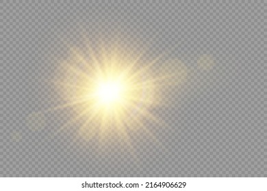 The star burst with brilliance, glow bright star, yellow glowing light burst on a transparent background, yellow sun rays, golden light effect, flare of sunshine with rays, vector illustration, eps 10