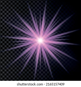 The star burst with brilliance, glow bright star, purple glowing light burst on a transparent background, violet sun rays, golden light effect, flare of sunshine with rays, vector illustration, eps 10