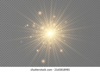 The Star Burst With Brilliance, Glow Bright Star, Yellow Glowing Light Burst On A Transparent Background, Yellow Sun Rays, Golden Light Effect, Flare Of Sunshine With Rays, Vector Illustration, Eps 10