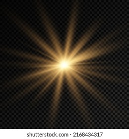 The star burst with brilliance, glow bright star, yellow glowing light burst on a transparent background, yellow sun rays, golden light effect, flare of sunshine with rays, vector illustration, eps 10