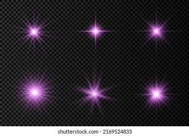 La estrella reventó con brillantez, brillante estrella brillante, ráfaga de luz violeta sobre un fondo transparente, rayos de sol violeta, efecto de luz dorado, llamarada de sol con rayos, ilustración vectorial, eps 10