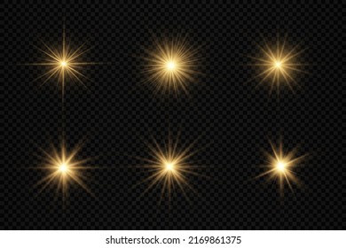 La estrella reventó con brillantez, brillante estrella brillante, destello de sol con rayos, ráfaga de luz amarilla brillante sobre un fondo transparente, rayos solares amarillos, efecto luz dorada, ilustración vectorial, eps 10