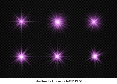 The star burst with brilliance, glow bright star, flare of sunshine with rays, purple glowing light burst on a transparent background, violet sun rays, golden light effect, vector illustration, eps 10