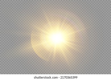 La estrella reventó con brillantez, brillante estrella brillante, rayos solares amarillos, efecto de luz dorado, ráfaga de luz amarilla brillante sobre un fondo transparente, llamarada de sol con rayos, ilustración vectorial, eps 10