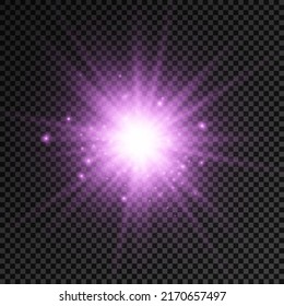 The star burst with brilliance, glow bright star, flare of sunshine with rays, purple glowing light burst on a transparent background, violet sun rays, golden light effect, vector illustration, eps 10