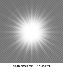 The star burst with brilliance, glow bright star, white glowing light burst on a transparent background, sun rays, light effect, flare of sunshine with rays, vector illustration, eps 10