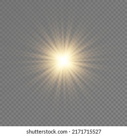 The star burst with brilliance, glow bright star, flare of sunshine with rays, yellow glowing light burst on a transparent background, yellow sun rays, golden light effect, vector illustration, eps 10