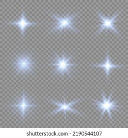 The star burst with brilliance, glow bright star, blue glowing light burst on transparent background, sun rays, blue light effect, flare of sunshine with rays, vector illustration, eps 10