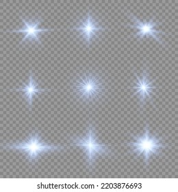 The Star Burst With Brilliance, Glow Bright Star, Blue Glowing Light Burst On Transparent Background, Sun Rays, Blue Light Effect, Flare Of Sunshine With Rays, Vector Illustration, Eps 10