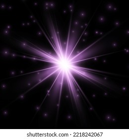 The star burst with brilliance, glow bright star, purple glowing light burst on a transparent background, violet sun rays, golden light effect, flare of sunshine with rays, vector illustration, eps 10