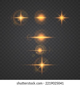 The star burst with brilliance, glow bright star, flare of sunshine with rays, yellow glowing light burst on a transparent background, yellow sun rays, golden light Vector format