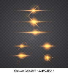 The star burst with brilliance, glow bright star, flare of sunshine with rays, yellow glowing light burst on a transparent background, yellow sun rays, golden light Vector format