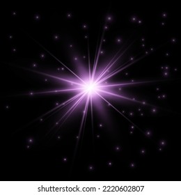 The Star Burst With Brilliance, Glow Bright Star, Purple Glowing Light Burst On A Transparent Background, Violet Sun Rays, Golden Light Effect, Flare Of Sunshine With Rays, Vector Illustration, Eps 10