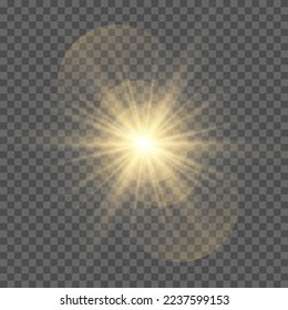 The star burst with brilliance, glow bright star, yellow glowing light burst on a transparent background, yellow sun rays, golden light effect, flare of sunshine with rays, vector illustration, eps 10