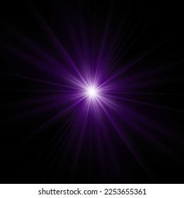 La estrella reventó con brillantez, brillante estrella brillante, ráfaga de luz violeta sobre un fondo transparente, rayos de sol violeta, efecto de luz dorado, llamarada de sol con rayos, ilustración vectorial, eps 10