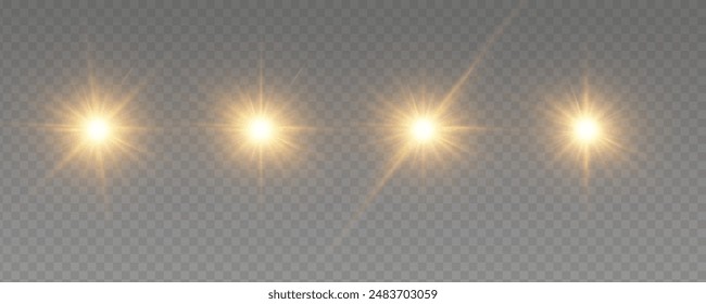 The star burst with brilliance, glow bright star, yellow glowing light burst on a transparent background, yellow sun rays, golden light effect, flare of sunshine with rays, vector illustration, eps 10