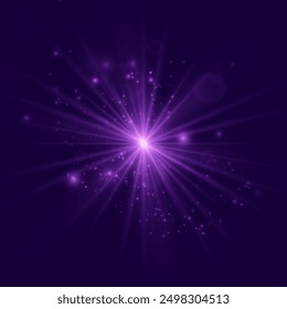 La estrella estalló con brillo, brillo brillante estrella, luz brillante púrpura estalló sobre un fondo transparente, rayos solares violetas, efecto de luz dorada, destello de sol con rayos, Ilustración vectorial, eps 10