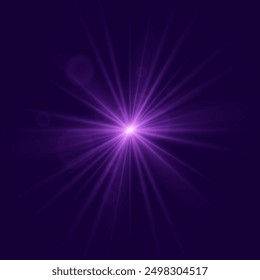 The star burst with brilliance, glow bright star, purple glowing light burst on a transparent background, violet sun rays, golden light effect, flare of sunshine with rays, vector illustration, eps 10