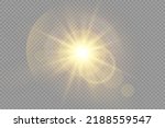 Star burst with brilliance, glow star, glowing light burst on transparent background, yellow sun rays, golden light effect, flare of sunshine with rays, bokeh effect, gold glare, vector illustration