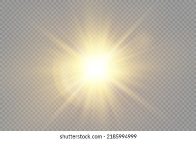 Estrella reventada con brillantez, estrella brillante, ráfaga de luz brillante sobre fondo transparente, rayos solares amarillos, efecto luz dorada, destello de sol con rayos, efecto bokek, resplandor dorado, ilustración vectorial